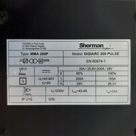 Spawarka inwertorowa Sherman 20-200 A 230 6,4 kVA DIGIARC 200 Pulse