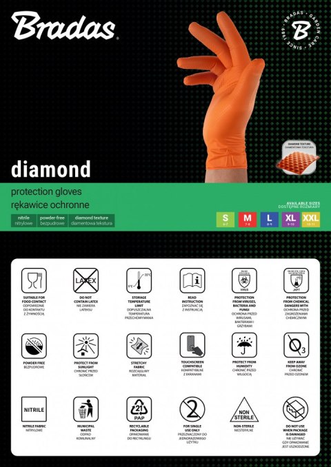 BRADAS RĘKAWICE NITRYLOWE DIAMOND POMARAŃCZOWE M 7-8 /50szt.
