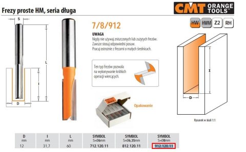 CMT FREZ HM D=12 I=31,7 L=60 S=8 PROSTY, DŁUGI.