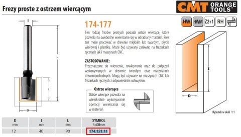 CMT FREZ HM D=12 I=40 L=90 S=8 PROSTY Z OSTRZEM WIERCĄCYM.