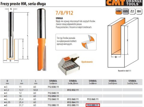 CMT FREZ HM D= 8 I=31,7 L=60 S=8 PROSTY, DŁUGI.