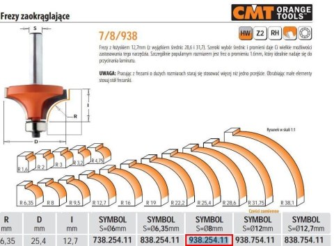 CMT FREZ HM R= 6,35 D=25,4 I=12,7 S=8 ZAOKRĄGLAJĄCY Z ŁOŻYSKIEM