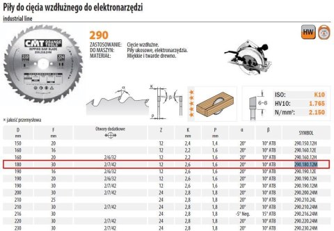 CMT PIŁA TARCZOWA HM 180x30x2,6/1,6 Z=40 CIĘCIE POPRZECZNE, WYKAŃCZAJĄCE