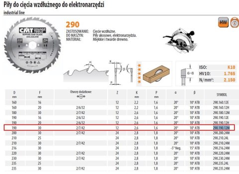 CMT PIŁA TARCZOWA HM 190x30x2,6/1,8 Z=12 CIĘCIE WZDŁUŻNE