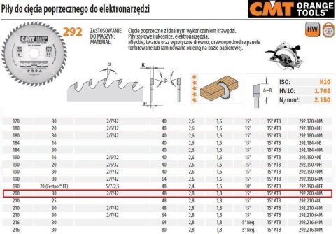 CMT PIŁA TARCZOWA HM 200x30x2,8/1,8 Z=48 CIĘCIE POPRZECZNE, WYKAŃCZAJĄCE