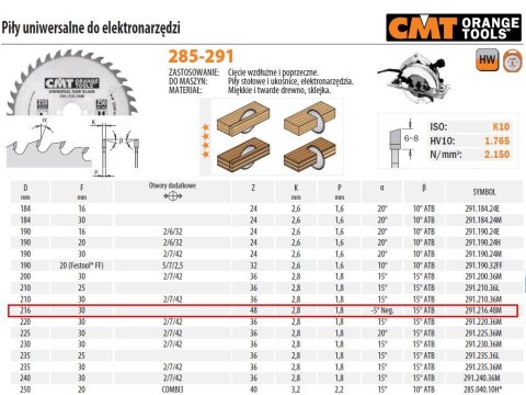 CMT PIŁA TARCZOWA HM 216x30x2,8/1,8 Z=48 DO CIĘCIA WZDŁUŻNEGO I POPRZECZNEGO.