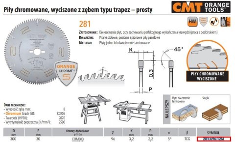 CMT PIŁA TARCZOWA HM 300x30x3,2/2,2 Z=96 COMBI3 CHROM, ZĄB TRAPEZOWY, LAMINAT. ...