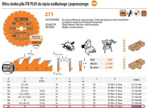 CMT PIŁA TARCZOWA ITK D=200 F=30 Z=36N K=x1,8/1,2 UNIWERSALNA, ULTRACIENKA...