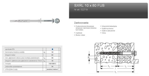 FISCHER KOŁEK ROZP.SXRL 10x 80 FUS/50szt T40/SW13.