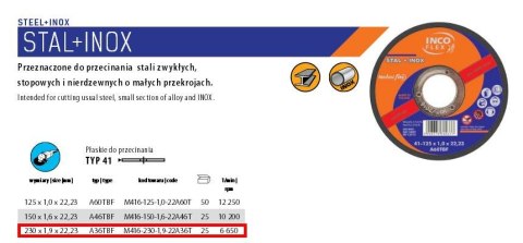 TARCZA METAL INCOFLEX 230*1,9 STAL+INOX .