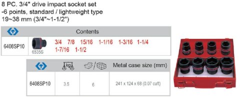 KING TONY ZESTAW NASADEK UDAROWYCH 3/4" 8cz. KR. 6K. CALOWE 3/4-1.1/2".........