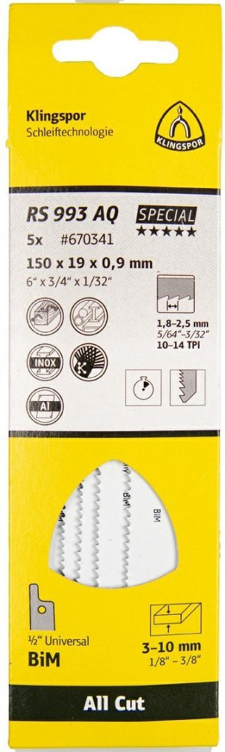 KLINGSPOR BRZESZCZOT DO PIŁY SZABLASTEJ 150x19x0,9mm RS 993 AQ /5szt.