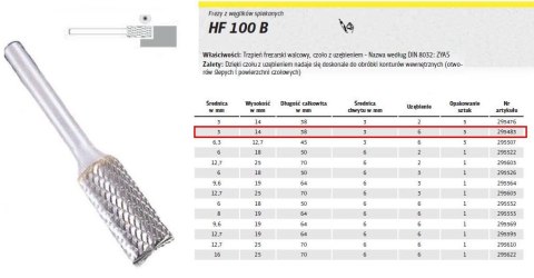 KLINGSPOR FREZ Z WĘG.SPIEKA.HF 100 B /3mm/483 WALEC FI=3x14mm, trzpień 3mm, TYP ZYAS