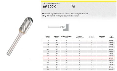 KLINGSPOR FREZ Z WĘG.SPIEKA.HF 100 C /6mm/694 WALEC-KULA FI=6,0x18mm,TRZ.6mm,TYP WRC