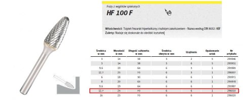 KLINGSPOR FREZ Z WĘG.SPIEKA.HF 100 F /12,7mm/010 HIPERBOLA FI=12,7x25mm,TRZ.6mm,TYP RBF