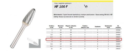 KLINGSPOR FREZ Z WĘG.SPIEKA.HF 100 F /6mm/971 HIPERBOLA FI=6,0x18mm,TRZ.6mm,TYP RBF