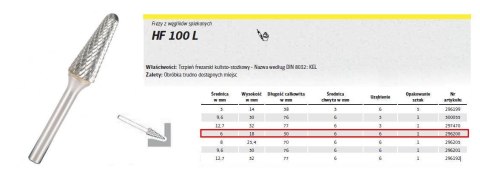 KLINGSPOR FREZ Z WĘG.SPIEKA.HF 100 L /6mm/200 STOŻEK-KULA FI=6,0x18mm,TRZ.6mm TYP:KEL