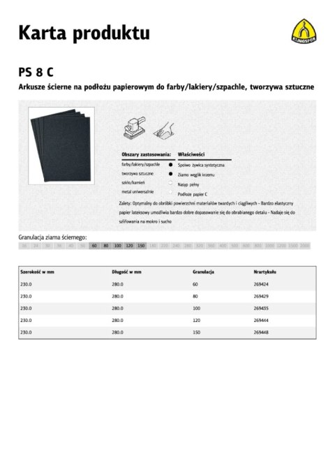 KLINGSPOR PAPIER ŚCIERNY WODNY P 100 PS8C/50szt .