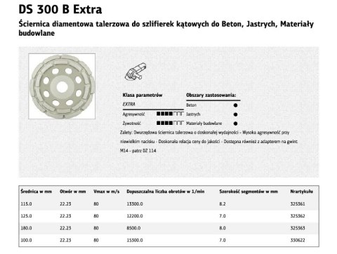 KLINGSPOR TARCZA DIAMENTOWA DO SZLIFOWANIA BETONU SEGMENTOWA 125x7x22 DS300B .