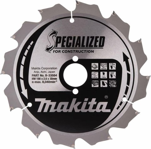 MAKITA PIŁA TARCZOWA 190x30x12z SPECJALIZED DREWNO