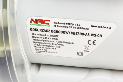 NAC ODKURZACZ LIŚCI 3000W VBE300A-AS-WS- CH ALUM. WIRNIK...