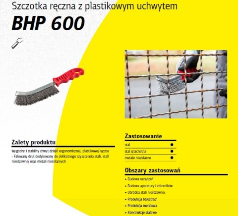 KLINGSPOR SZCZOTKA RĘCZNA UCHWYT PLASTIKOWY BHP600 DRUT STALOWY