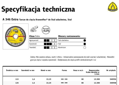 KLINGSPOR TARCZA DO METALU 115mm x 1,6mm x 22,2mm A346 Extra