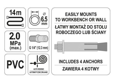 YATO PRZEWÓD / WĄŻ PNEUMATYCZNY NA ZWIJAKU 14m x 6,5mm YATO PRZEWÓD / WĄŻ PNEUMATYCZNY NA ZWIJAKU 14m x 6,5mm