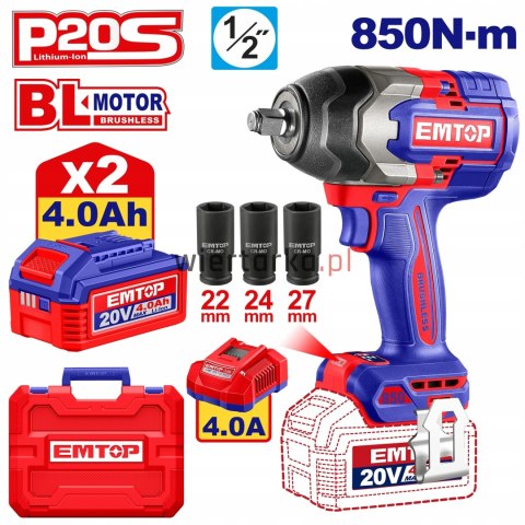 KLUCZ UDAROWY AKUMULATOROWY 1/2" 20V 850NM ECIWL2085E EMTOP