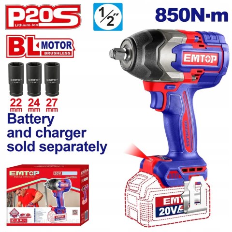 Klucz udarowy 1/2 850Nm 20V P20S Emtop