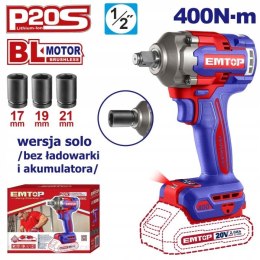 Klucz udarowy akumulatorowy EMTOP 20V P20S 400Nm solo