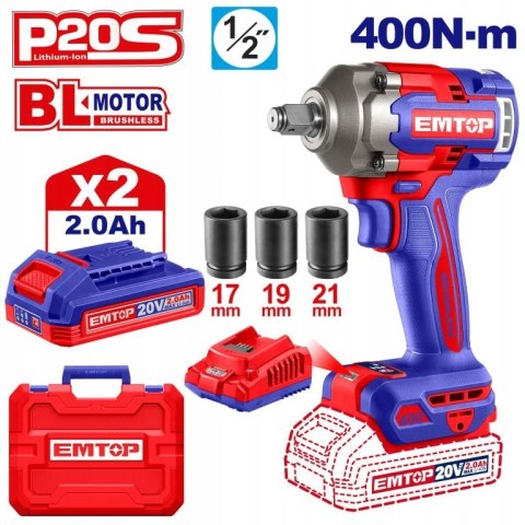 Klucz udarowy akumulatorowy EMTOP 20V P20S 400Nm zestaw