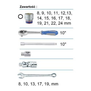 KING TONY ZESTAW KLUCZY 24el. 1/2" KRÓTKIE 6-KĄT. 8-24mm +PŁASKO-OCZKOWE.........