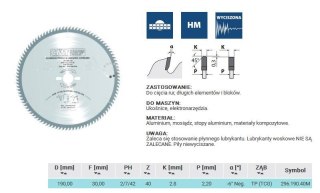 CMT PIŁA TARCZOWA HW D=190 F=30 Z=40 K=2,8/2,2 ALUMINIUM, MOSIĄDZ, KOMPOZYT