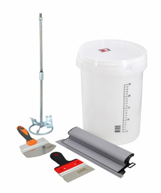 AWTOOLS ZESTAW DO MIESZANIA GŁADZI SZPACHLOWEJ 5 ELEM. NR.2 WIADRO+MIESZADŁO+SZPACHELKA PROFILOWANA+SZPACHLA FASAD+SZPACHLA WYKO