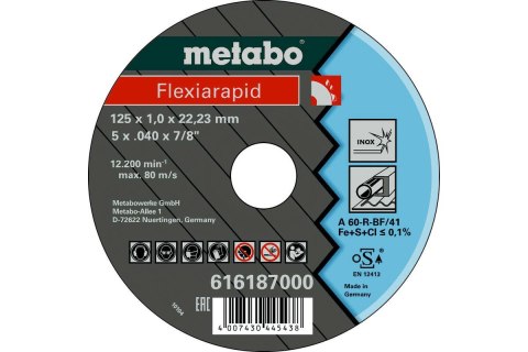 METABO TARCZA METAL 125×1,0×22,2mm DO STALI NIERDZ. METABO TARCZA METAL 125×1,0×22,2mm DO STALI NIERDZ.