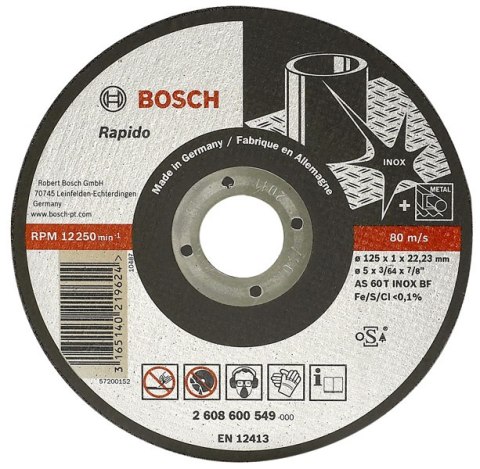 BOSCH TARCZA METAL 125mm x 1,0mm x 22mm RAPIDO EXPERT FOR INOX BOSCH TARCZA METAL 125mm x 1,0mm x 22mm RAPIDO EXPERT FOR INOX