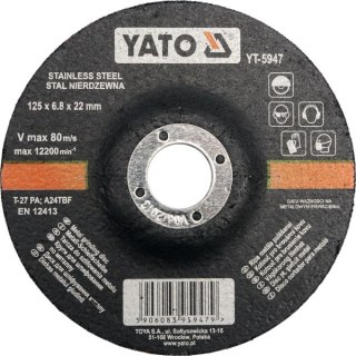 YATO TARCZA DO SZLIFOWANIA METALU WYPUKŁA INOX 125x6,0x22mm 5947