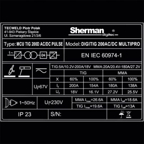 Spawarka Sherman TIG DIGITIG 200A AC/DC Multipro Aluminium INOX stal czarna Spawarka Sherman TIG DIGITIG 200A AC/DC Multipro Aluminium INOX stal czarna