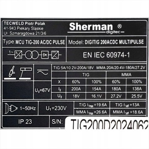 Spawarka TIG DIGITIG 200 AC/DC MULTIPULSE Sherman Spawarka TIG DIGITIG 200 AC/DC MULTIPULSE Sherman