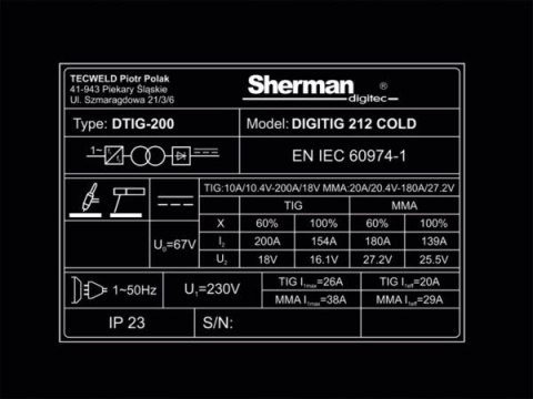 Spawarka Tig 212 COLD DC Sherman 200A zimne spawanie Spawarka Tig 212 COLD DC Sherman 200A zimne spawanie