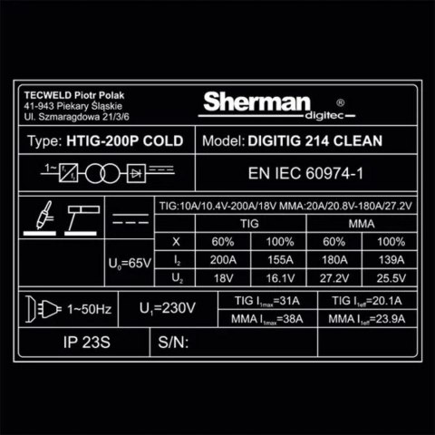 Spawarka inwertorowa Sherman DIGITIG 214 CLEAN z funkcją czyszczenia spoin Spawarka inwertorowa Sherman DIGITIG 214 CLEAN z funkcją czyszczenia spoin