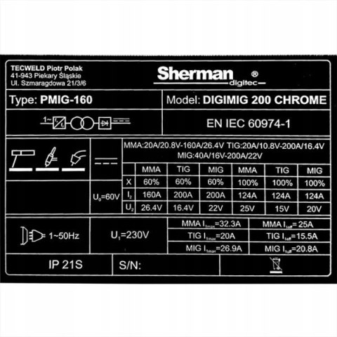 Spawarka inwertorowa migomat Sherman MIG MAG 200A PULS MMA TIG Synergia 230 Spawarka inwertorowa migomat Sherman MIG MAG 200A PULS MMA TIG Synergia 230