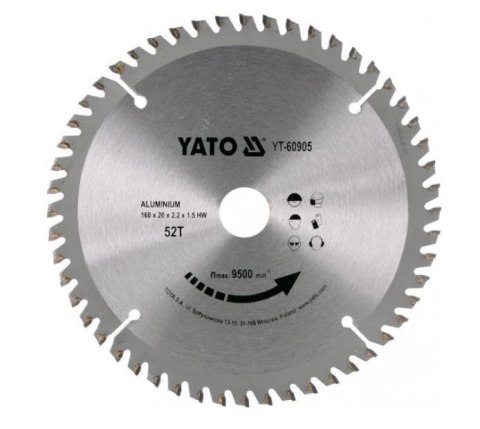 YATO PIŁA TARCZOWA DO ALUMINIUM 160 x 20mm 52-ZĘBY 60905