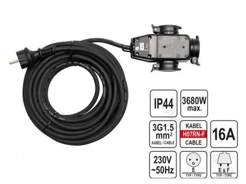 YATO PRZEDŁUŻACZ Z ROZGAŁĘŹNIKIEM 20m 3x1,5mm2 IP44 16A H07RN-F 81162 YATO PRZEDŁUŻACZ Z ROZGAŁĘŹNIKIEM 20m 3x1,5mm2 IP44 16A H07RN-F 81162