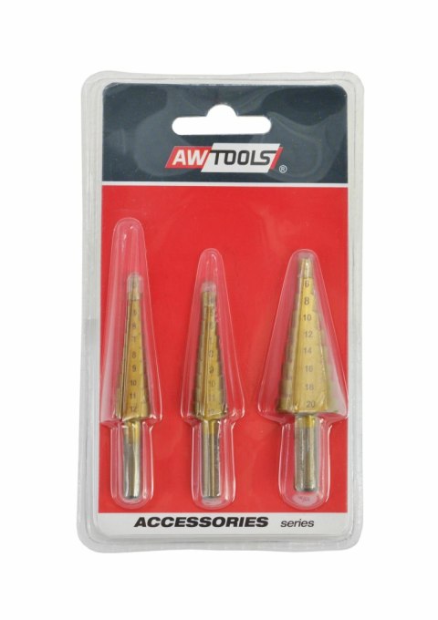 AWTOOLS WIERTŁA STOPNIOWE HSS-TIN KOMPLET 3 SZTUKOWY / 3-12mm / 4-12mm / 4-20mm