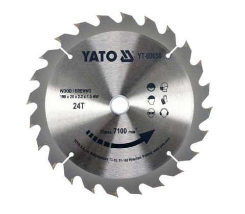 YATO PIŁA TARCZOWA 190 x 20mm 24-ZĘBY WIDIOWE 60634 YATO PIŁA TARCZOWA 190 x 20mm 24-ZĘBY WIDIOWE 60634