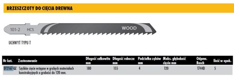 DEWALT BRZESZCZOT DO WYRZYNARKI 180x4mm T744D DREWNO /5szt. DEWALT BRZESZCZOT DO WYRZYNARKI 180x4mm T744D DREWNO /5szt.