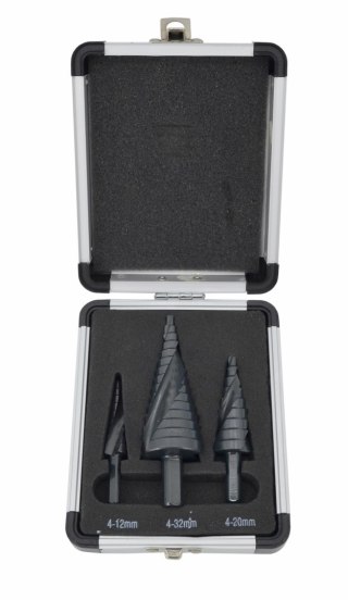 AWTOOLS WIERTŁO STOPNIOWE SPIRALNE KPL. 3szt./ 4-12 4-20 4-32mm/ AICrN/ CZARNE/ ETUI PLASTIK.