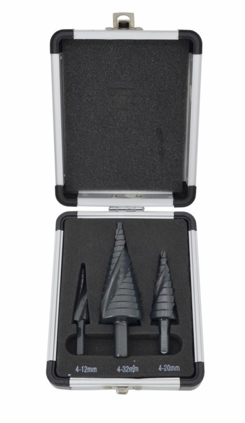 AWTOOLS WIERTŁO STOPNIOWE SPIRALNE KPL. 3szt./ 4-12 4-20 4-39mm/ AICrN/ CZARNE/ ETUI PLASTIK.